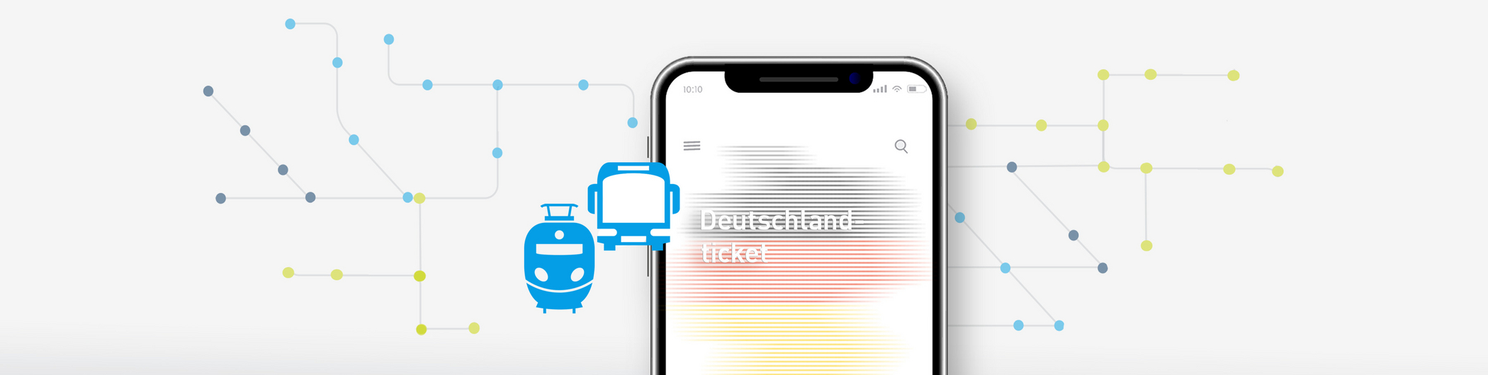 Collage mit Handy und Deutschlandkarte, Bahn und Bus-Icon; im Hintergrund ein angedeuteter ahrplan