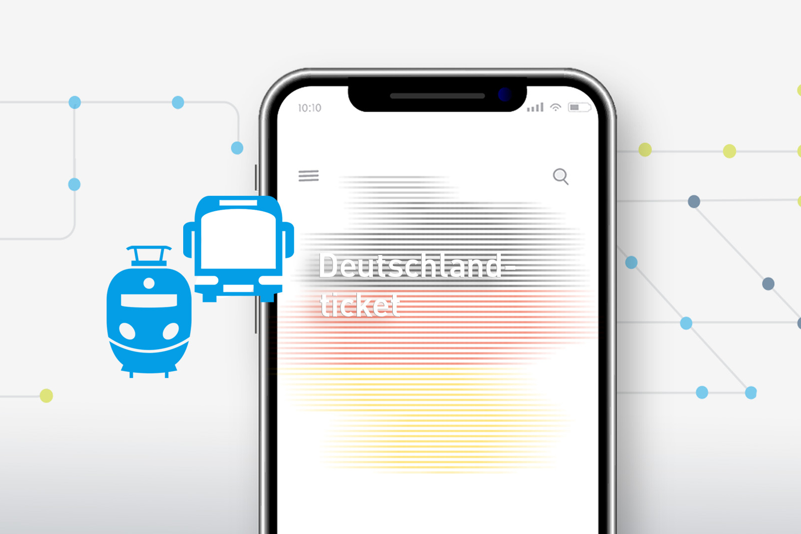 Collage mit Handy und Deutschlandkarte, Bahn und Bus-Icon; im Hintergrund ein angedeuteter ahrplan
