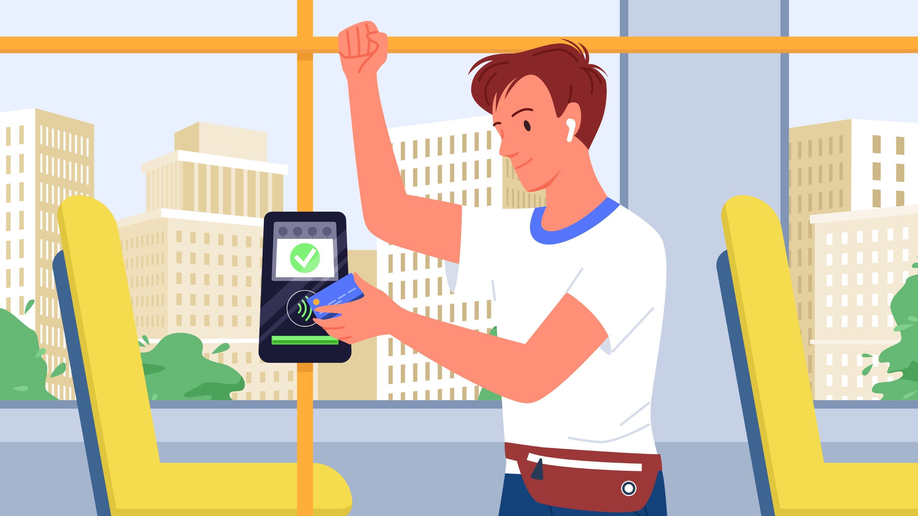 Fahrgast hält Bankkarte kontaktlos an ÖPNV-Validator – Account Based Ticketing Check-in im Bus