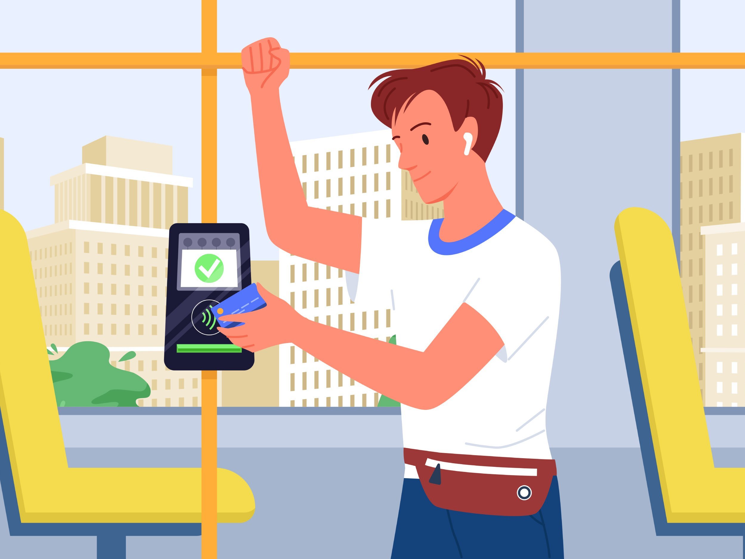 Fahrgast hält Bankkarte kontaktlos an ÖPNV-Validator – Account Based Ticketing Check-in im Bus