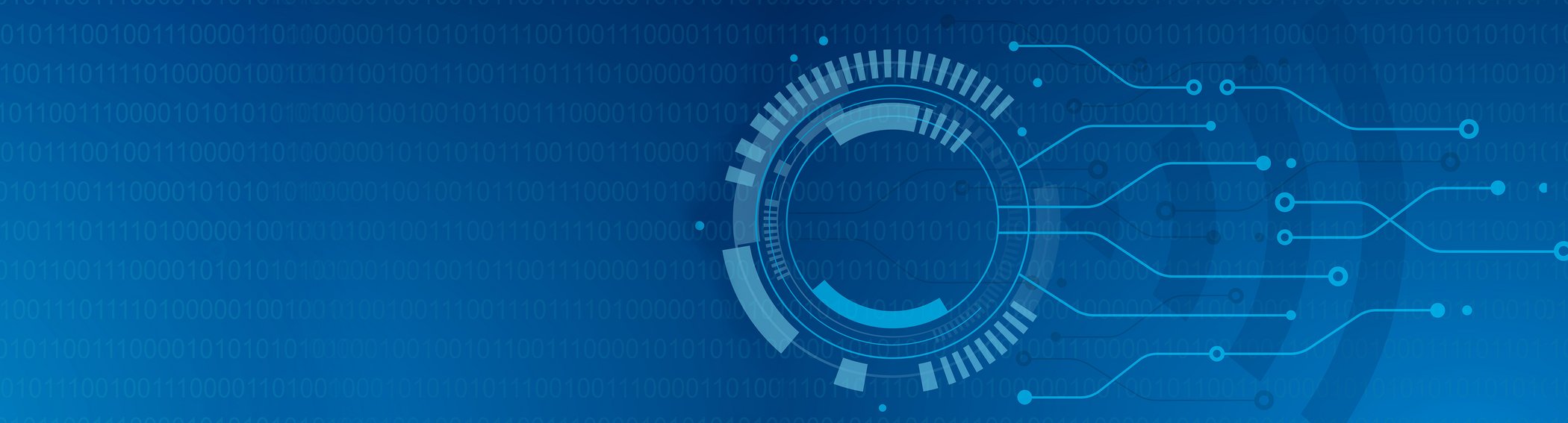 Digitale Illustration mit Schaltkreisen, Binärcode und vernetzten Knotenpunkten auf blauem Hintergrund