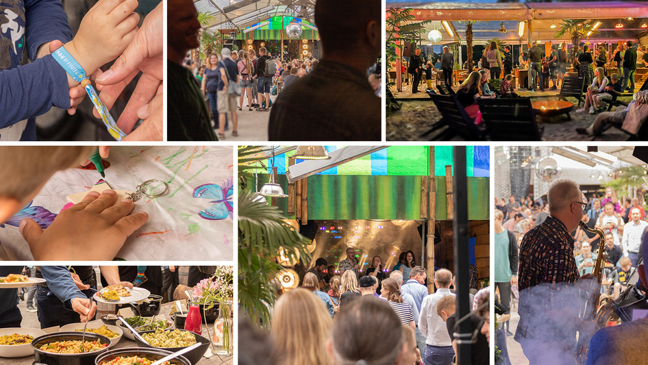Collage aus Fotos vom Sommerfest: Kolleginnen und Kollegen auf dem Fest und die IVU-Band.
