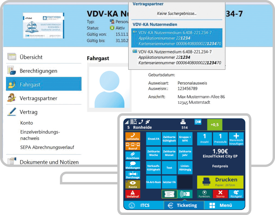 Beispielhafte Darstellung der Kassenansicht für Verkäufer in IVU.fare und Verkaufsdialog von IVU.ticket im Fahrzeug