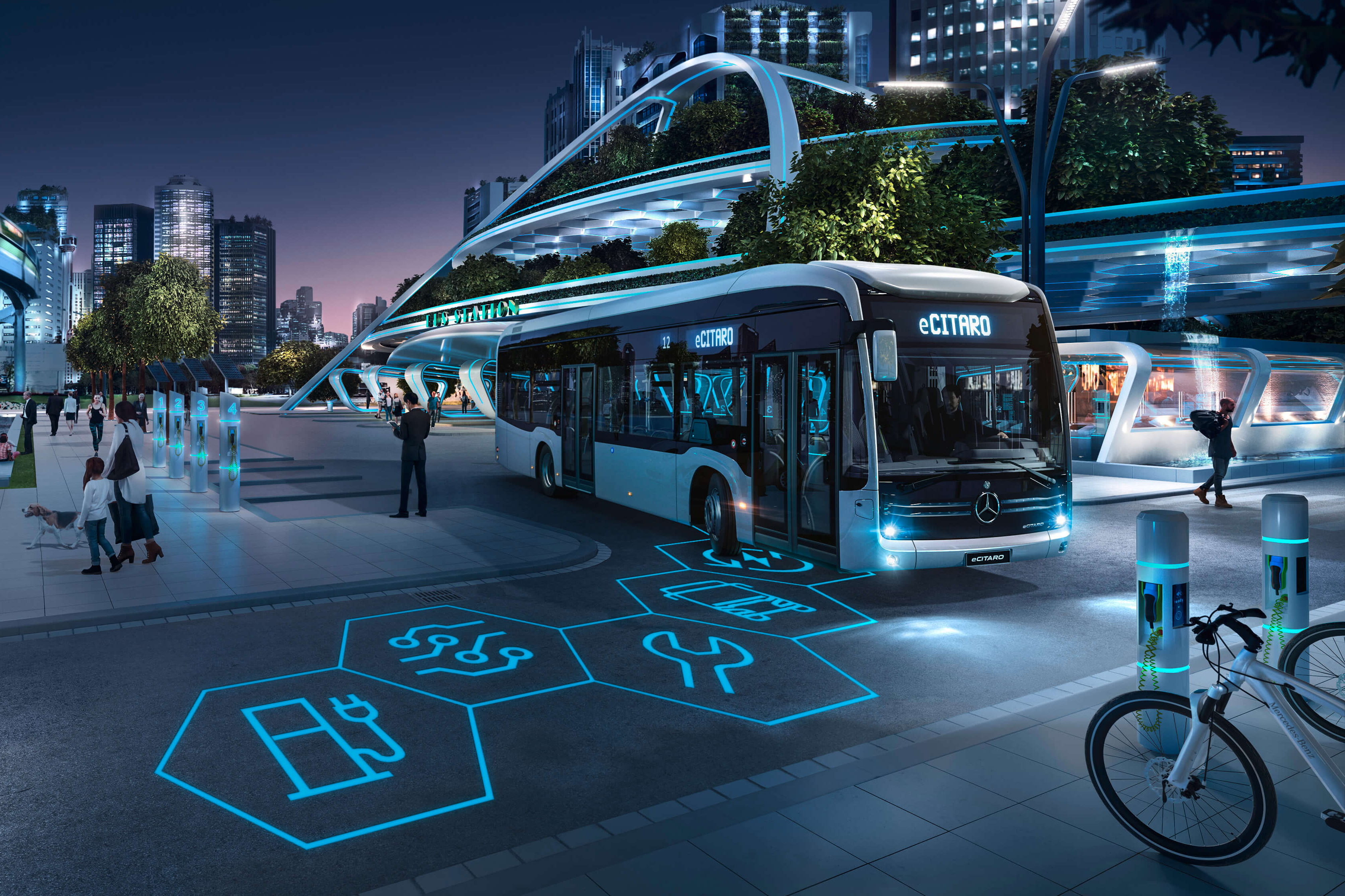 Futuristische Darstellung eines abbiegenden Busses an einer Bushaltestelle