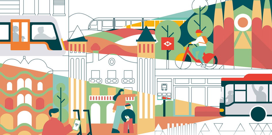 Illustration von Wahrzeichen der Stadt Barcelona und öffentlichen Verkehrsmitteln