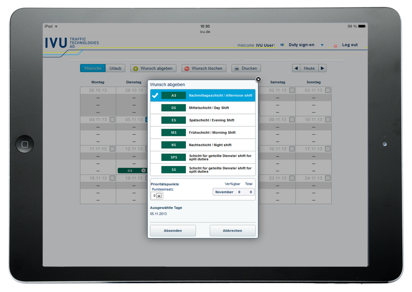 Beispielhafte Darstellung des Mitarbeiterportals auf dem iPad Air für VBZ