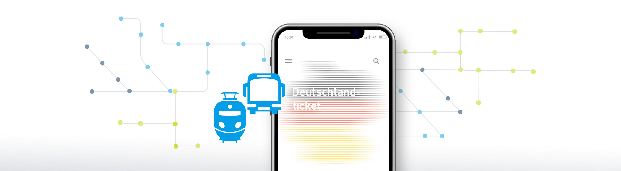 Collage mit Handy und Deutschlandkarte, Bahn-Icon und Bus-Icon im Vordergrund; im Hintergrund ein angedeuteter Fahrplan mit Stationspunkten