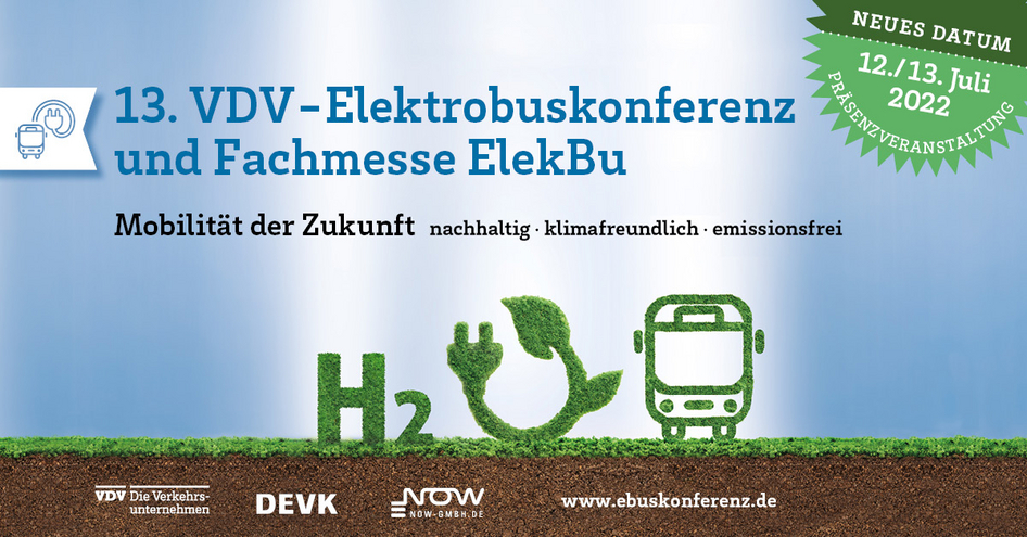 Plakat für die Elektrobuskonferenz 2022 mit einem Bus und einem H20-Symbol.